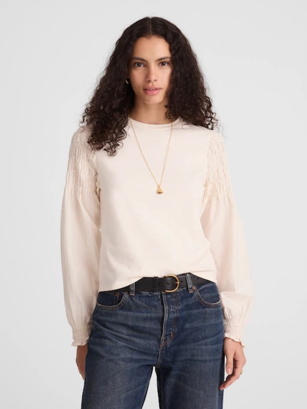 Madewell Ivory Cream Smocked Long-Sleeve Tee, Size Medium
